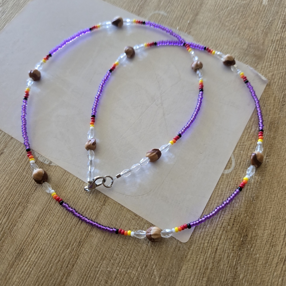 Purple Seed Bead Necklace with Wood Accents